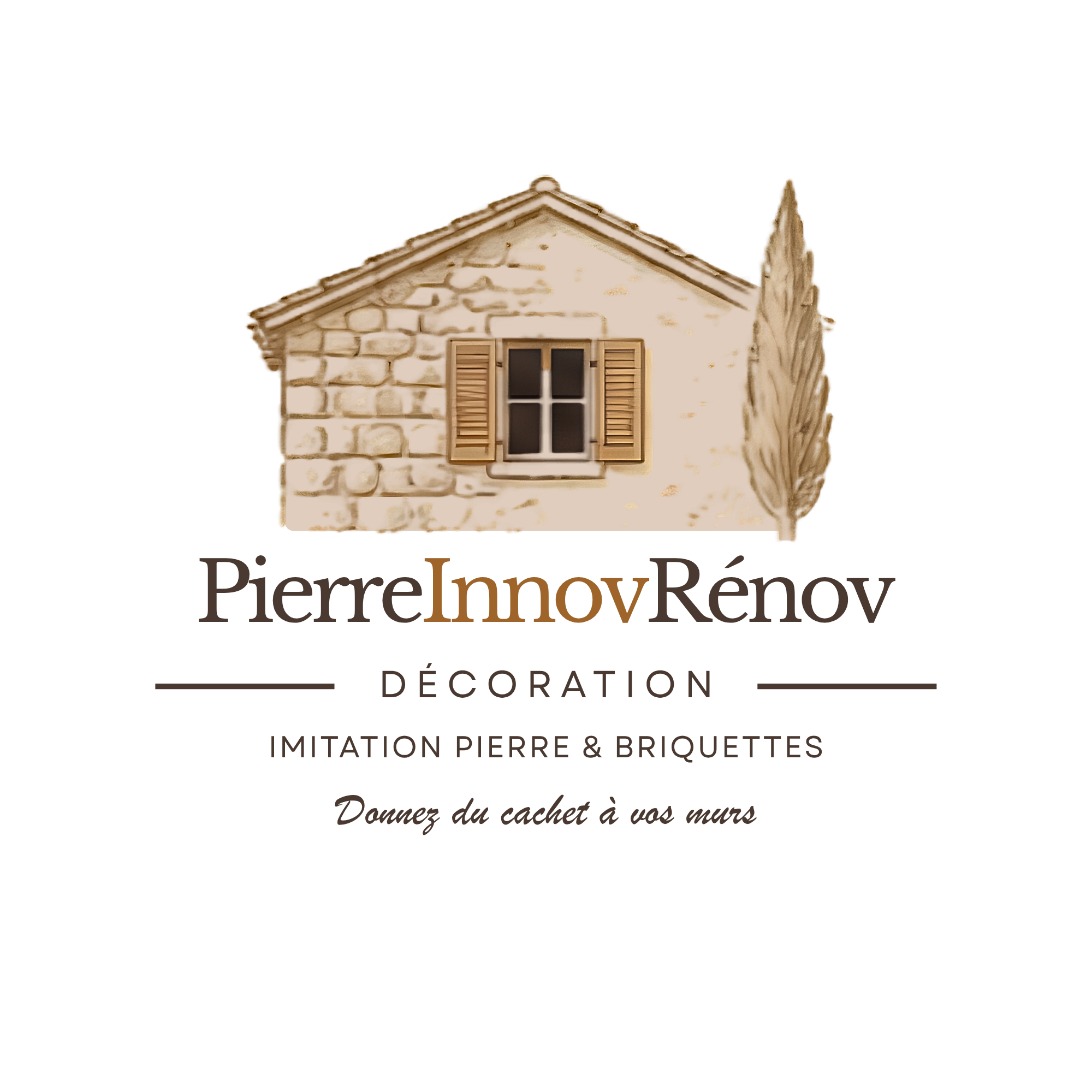 PierreInnovRénov — maison en pierre, volets et cyprès, avec la baseline « Donnez du cachet à vos murs »